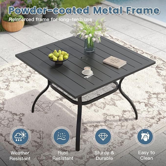 DIFY 5 Piece Patio Dining Set for 4, Wicker Stackable Patio Chairs & 37.8" Square Black Metal Dining Table with Umbrella Hole, All Weather Outdoor Table and Chairs Set for Deck Garden Backyard