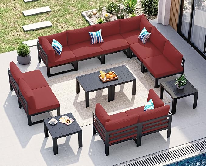 NICESOUL 10 Seat Large Luxury Aluminum Patio Conversation Set with Side Table, 29" Deep Wide Seating, Modular Sectional Couch, 500 lbs Heavy Duty All Weather Outdoor Sofa for Backyard Deck, Burgundy