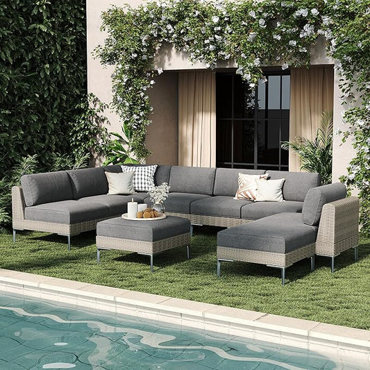 LayinSun 9-Piece Wicker Rattan Patio Furniture Set, Deep Seating Outdoor Modular Sectional Sofa Conversation Set with Thick Cushions for Lawn, Garden