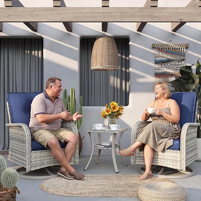 Outdoor Patio Furniture Set Rocking Swivel Chair Wicker Rattan Bistro Set with Tempered Glass Side Table, Outdoor Conversation Set for Garden, Deck, and Balcony,Navy Blue