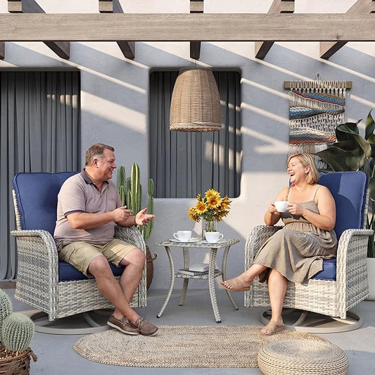 Outdoor Patio Furniture Set Rocking Swivel Chair Wicker Rattan Bistro Set with Tempered Glass Side Table, Outdoor Conversation Set for Garden, Deck, and Balcony,Navy Blue
