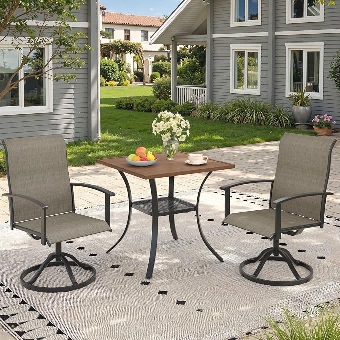 3 Pieces Small Patio Dining Set, Outdoor Furniture of 27.5" Square Small Patio Table and Patio Swivel Chairs for Backyard Lawn Garden, Walnut Table and Mixed Brown Chairs