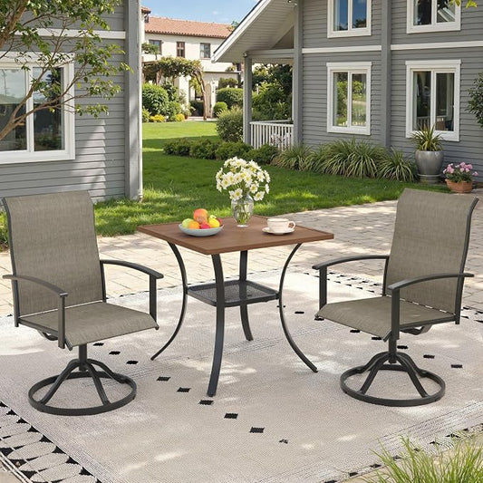 3 Pieces Small Patio Dining Set, Outdoor Furniture of 27.5" Square Small Patio Table and Patio Swivel Chairs for Backyard Lawn Garden, Walnut Table and Mixed Brown Chairs
