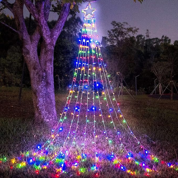 (New) Outdoor Christmas Lights, Christmas Decorations, 320 LED String Lights with 12" Star Topper, 8 Light Modes Waterproof for Outdoor Christmas Tree, New Year, Yard, Holiday Decor (Multicolor)