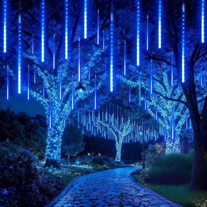 EEIEER Meteor Shower Lights, 11.8 inches 10 Tubes 240 LED Christmas Meteor Lights Snowfall Light for Outdoor Decoration, Waterproof Falling Rain Drop Light for Garden Tree Party Holiday-Blue