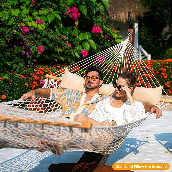 Lazy Daze Hammocks 12FT Double Rope Hammocks, 2 Person Hand Woven Cotton Hammock with Spreader Bar for Outside, Patio, Poolside, FIT 13-15 FT Stand, Max 450 Lbs, Natural, 141 x 57 inches