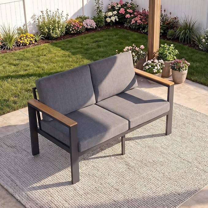 Aluminum Outdoor Loveseat, 2-Seat Patio Furniture Loveseat with 1.5mm Powder-Coated Frame, Anti-Hot Armrest & Waterproof Removable Cushions, Weather Resistant Outdoor Sofa for Backyard Porch Gray