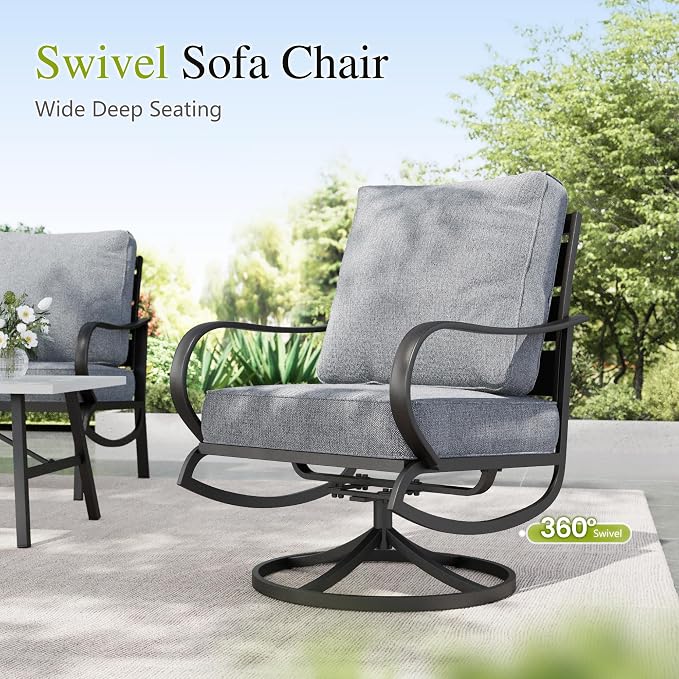 Sophia & William Patio Furniture Sets for 7 Outdoor Conversation Set 7 Pcs with 2 x Swivel Chairs, 2 x Armrest Sofa, 1 x 3-Seat Cushion Chairs, 2 x Ottomans for Coffee Garden Backyard Poolside Grey