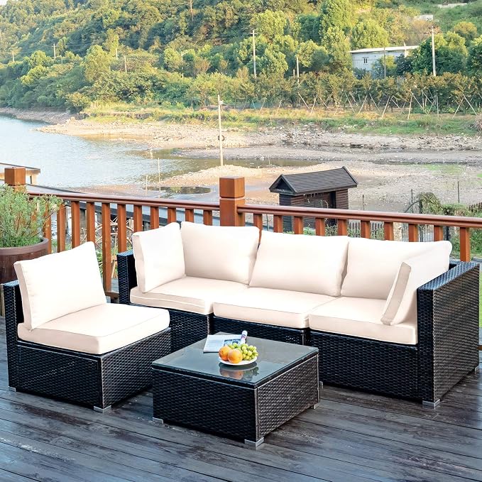Tangkula 5 Pieces Patio Furniture Set, All Weather Wicker L-Shaped Corner Sofa Set w/Soft Cushions, Outdoor Sectional Conversation Couch Set w/Glass Table for Backyard Garden Poolside (White)