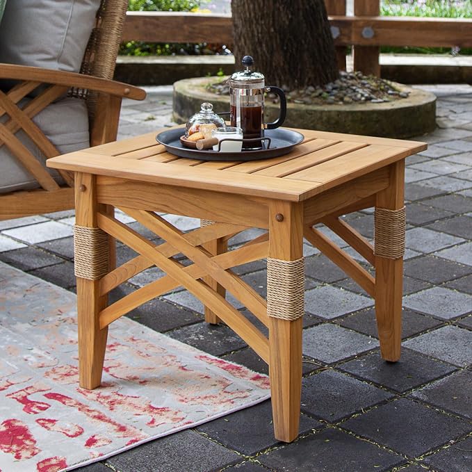Cambridge Casual Solid Teak Wood Sierra Square Side Table with Shelf, Side Table with X Detail and Honey Twist Wicket, Perfect Pairing with Outdoor Chat Set, Conversation Set, or Patio Lounge Chair