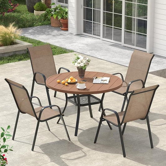 VICLLAX Round Patio Dining Set for 4, Metal Slatted Patio Table with Umbrella Hole and Stackable Patio Chairs for Deck Lawn Garden, Brown Fabric and Walnut Tabletop