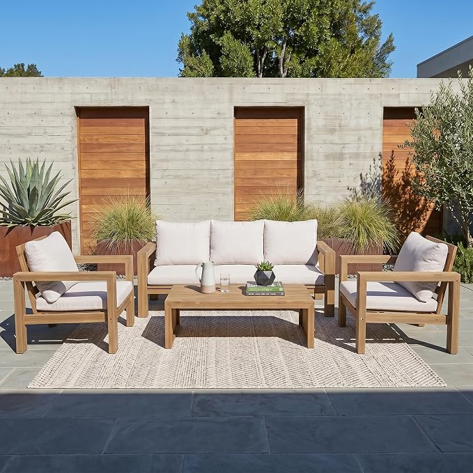 4 Pieces Patio Sofa Set Outdoor Seating Group 5-Person Sofa Set Outdoor Conversation Set with Cushions and a Coffee Table for Garden, Backyard,Balcony,Poolside (Light Teak#50)