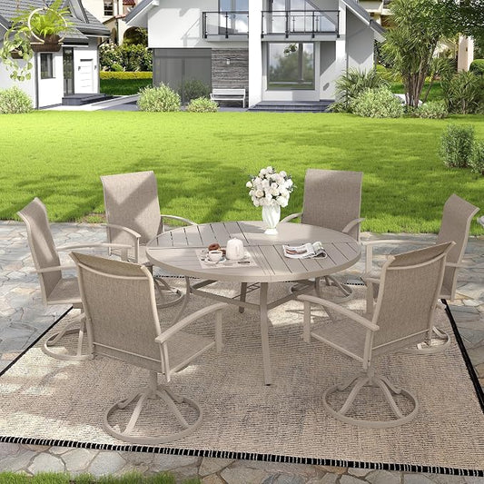 VICLLAX 7 Pieces Patio Outdoor Dining Set, 6 Swivel Textilene Chairs and 53" Round Metal Table with Umbrella Hole for Porch, Deck, Garden, Sandshell