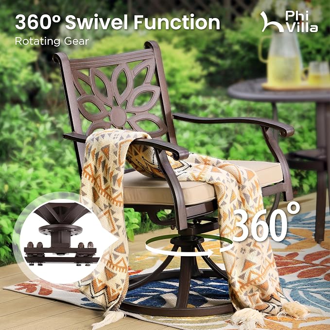 PHI VILLA Patio Dining Set, Swivel Chairs, 54" Round Cast Aluminum Table | Cast Aluminum chairs, Bronze (Swivel Chairs), 2.1 umbrella hole, 360° swivel, rocking, Cushions, E-coated