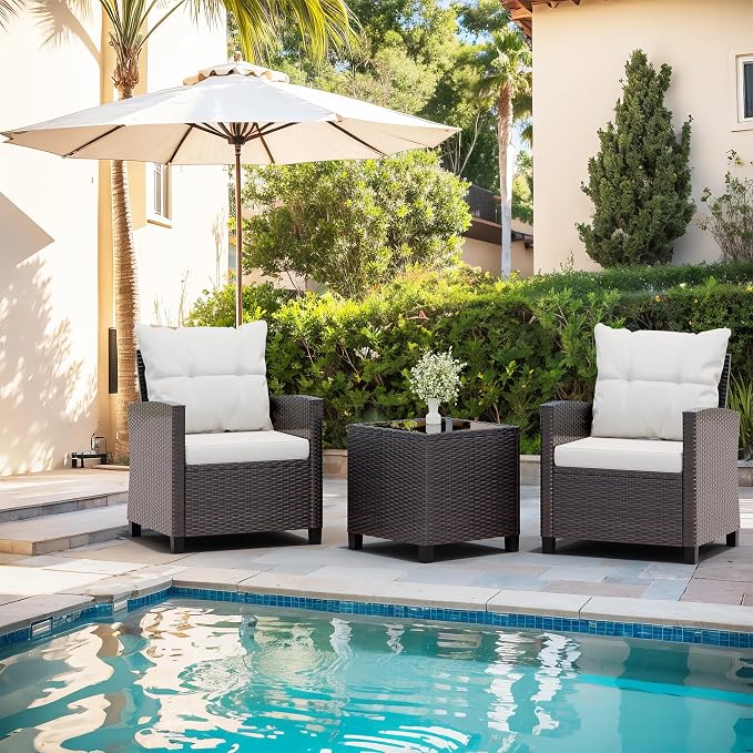 Vongrasig 3 Piece Patio Furniture Set Small Outdoor Wicker Rattan Front Porch Bistro Set Cushioned Patio Chairs Conversation Set with Glass Table for Lawn, Garden, Backyard, Balcony, Poolside (Beige)