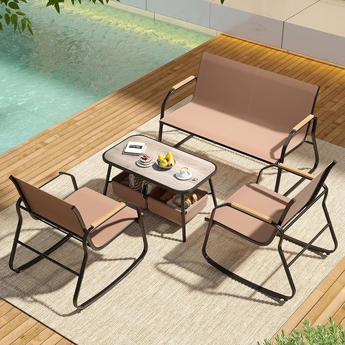 HAPPYGRILL Outdoor Conversation Set with Bistro Rocking Chairs, Loveseat, Storage Coffee Table, Patio Furniture Set with Heavy-Duty Metal Frame, Breathable Mesh Fabric (2)