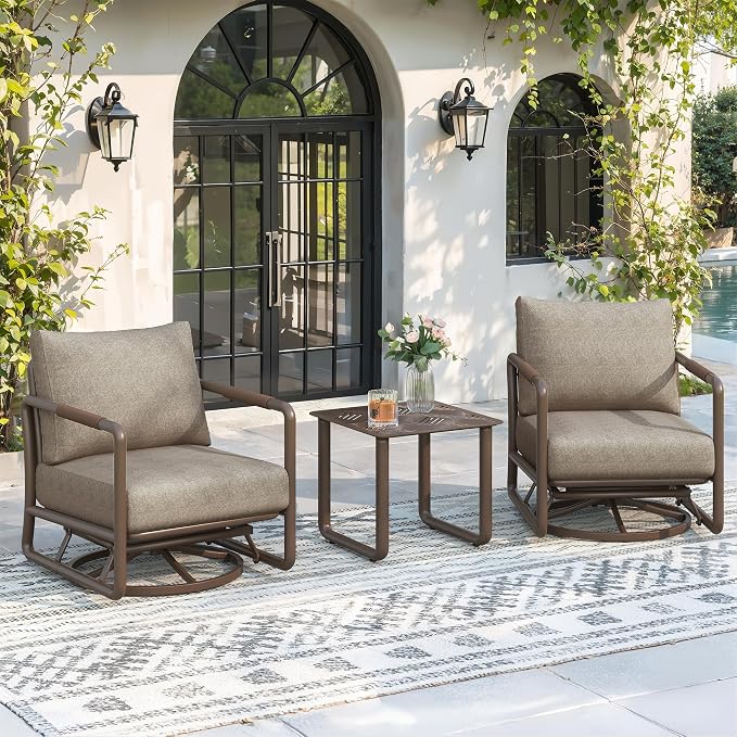 3-Piece Aluminum Patio Furniture Set, Outdoor Swivel Rocking Chairs with 6.5" Thick Cushions & Coffee Table, All-Weather Rust-Resistant Frame Conversation Set for Porch, Garden, Backyard, Brown