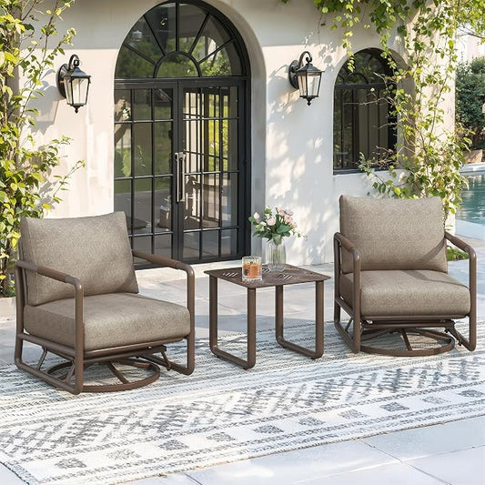 3-Piece Aluminum Patio Furniture Set, Outdoor Swivel Rocking Chairs with 6.5" Thick Cushions & Coffee Table, All-Weather Rust-Resistant Frame Conversation Set for Porch, Garden, Backyard, Brown