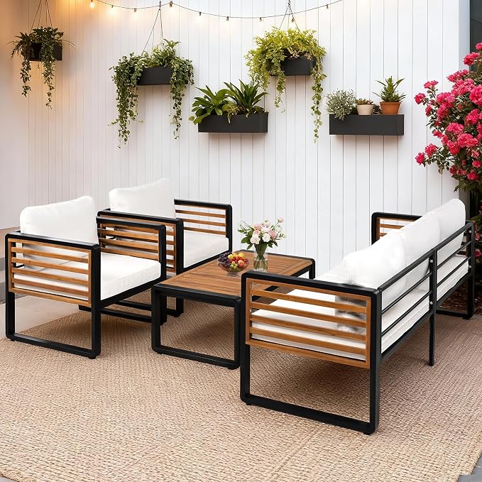 ERYE Large Size 4-Pieces Patio Conversation Set Modern Outdoor Furniture Sofa for 5 Person, Garden Furniture Set with Removable Cushion, Metal Frame and Acacia Wood Tabletop