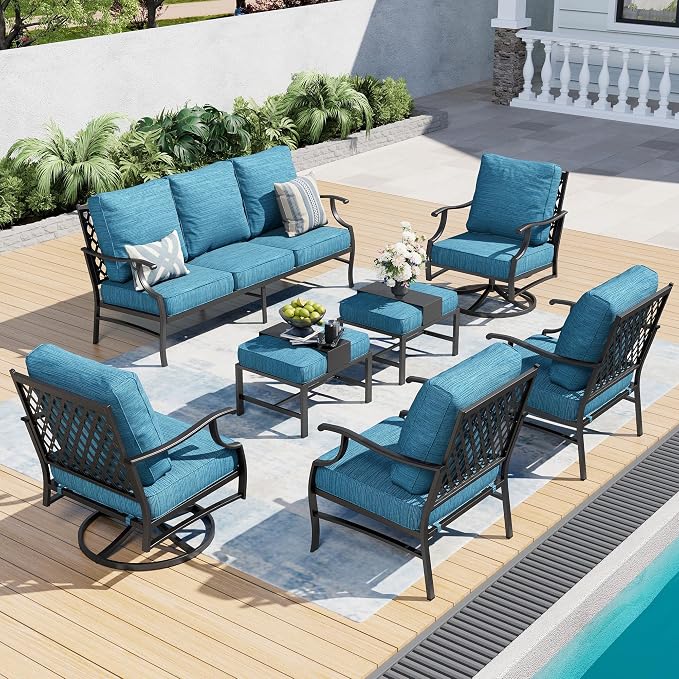 SUNSHINE VALLEY 7 Piece Metal Outdoor Patio Furniture Set, Patio Conversation Sets 3-seater Sofa, 2 Fixed Chairs, 2 Swivel Chairs, 2 Ottomans with 5.75" Thick Cushion, Black Backyard Furniture, Blue-2