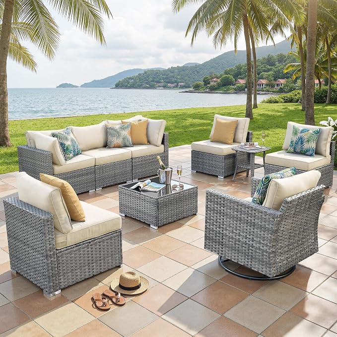 ovios Outdoor 9 Piece Coversation Set with Swivel Rocking Chair,Sectional Patio Furniture Set with All-Weather Wicker Sofa,Modern Outside Couch for Balcony Backyard Pool, Beige