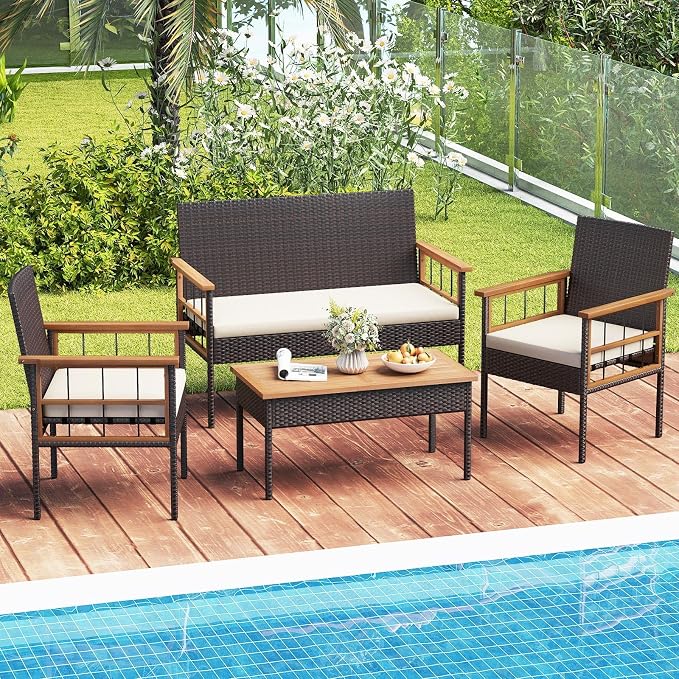 Tangkula 8 Pieces Wicker Patio Conversation Furniture Set, Outdoor Rattan Cushioned Armchairs & Coffee Table Set with Acacia Wood Tabletop for Backyard, Porch, Balcony