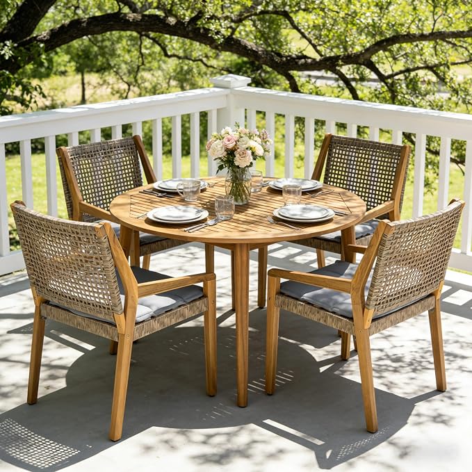 Christopher Knight Home Pelham Wooden Patio Dining Set for 4, Acacia Wood Outdoor Dining Table Set for 4, 5 Piece Outdoor Dining Set with Round Table and Armchair with Seat Cushion, Teak+Grey