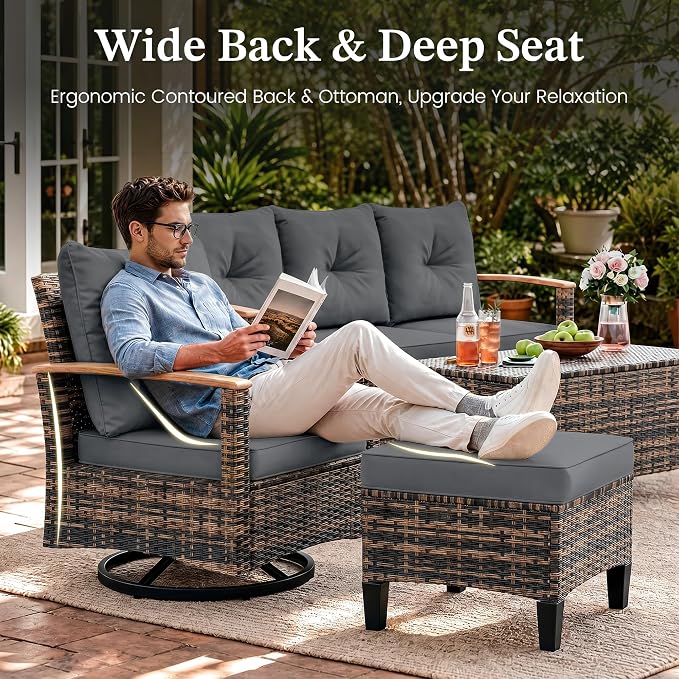 UDPATIO Patio Furniture Set with Swivel Chairs, 6 Pieces Outdoor Wicker Conversation Set with Storage Table for Lawn, Porch, Garden, Backyard, Grey