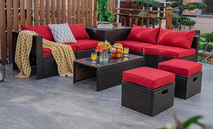 RELAX4LIFE 8-Piece Patio Furniture Set - PE Wicker Conversation Set w/Cushions, Pillows, Tempered Glass Table, Storage Box, Outdoor Sectional Sofa Set for Yard, Deck (Red)