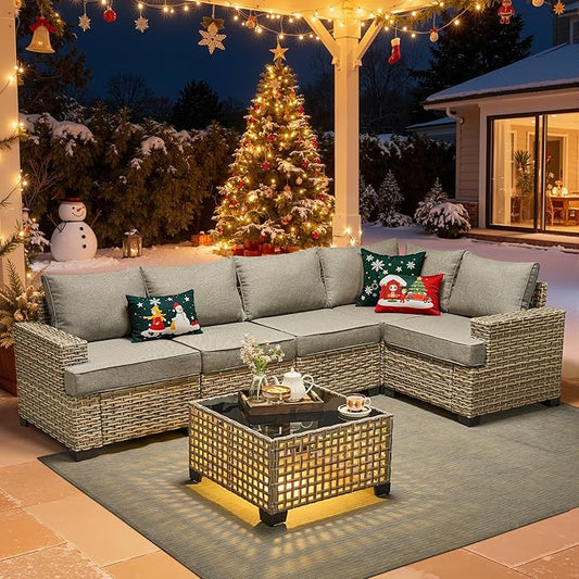 HOOOWOOO Sectional Patio Furniture Set with Solar Light Table,6 Pieces Wicker Outdoor Furniture L Shaped Couch,Outside Conversation Set with Extra Deep Seat Sofa Wide Arm,Charcoal Gray