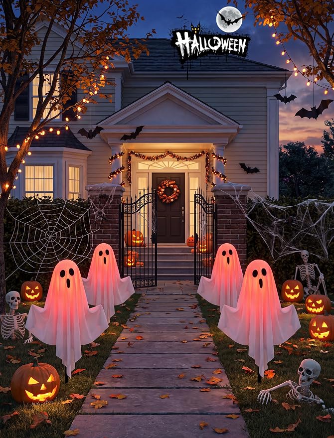 11.5FT Halloween Ghost Pathway Lights Outdoor, 4 Pack Hanging Porch lights | Adjustable Arms，Shatterproof, Waterproof, Plug in Halloween Decorations Outdoor for Lawn Driveway Garden Yard Decor