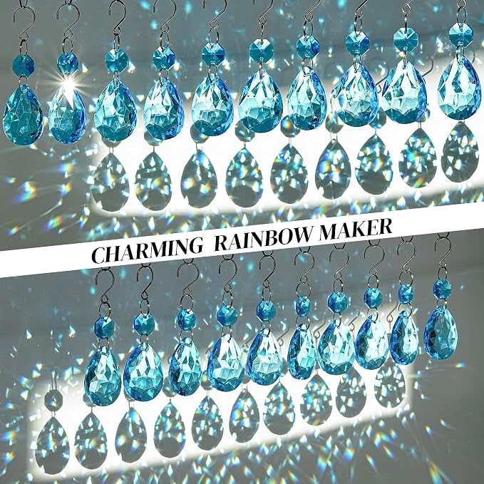 10 Pcs Lake Blue Crystal Bauhinia Suncatcher Prisms Chandelier Window Decor | Lake Blue Crystal Bauhinia Prisms Suncatcher Pendants 3 Inch Chandelier Hanging Sun Catcher for Window Garden Wedding Decor