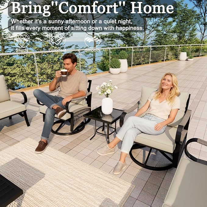 6 Pieces Patio Conversation Sets, All-Weather Metal Swivel Rocking Chairs with Rope Furniture Set, Outdoor Sofa Couch for Deck, Porch, Garden, Backyard, Poolside (Beige Cushions)