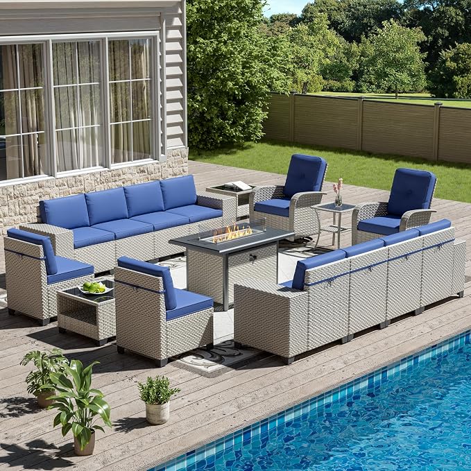 16-Piece Outdoor Patio Furniture Set, Modular Sectional Sofa Set with Swivel Rocker Chairs & Fire Pit, Wicker Outdoor Couch Conversation Sets w/Coffee Table and Cushions, Blue