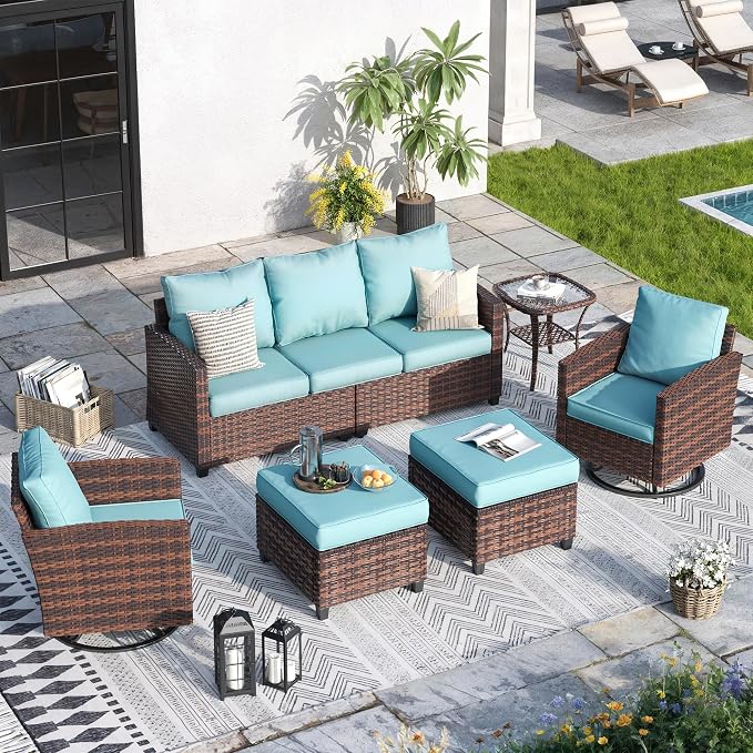 Patio Furniture Set, 6 Pcs Patio Outdoor Sectional, Wicker Outdoor Couch with Swivel Chair, Ottomans, Side Table, 4" Thick Cushion, for Garden Backyard Deck,Light Blue