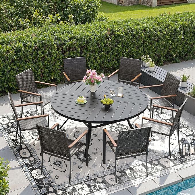 DIFY 9 Piece Patio Dining Set for 8, Wicker Stackable Patio Chairs & 53.1" Round Black Metal Dining Table with Umbrella Hole, All Weather Outdoor Table and Chairs Set for Deck Garden Backyard