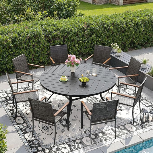 DIFY 9 Piece Patio Dining Set for 8, Wicker Stackable Patio Chairs & 53.1" Round Black Metal Dining Table with Umbrella Hole, All Weather Outdoor Table and Chairs Set for Deck Garden Backyard