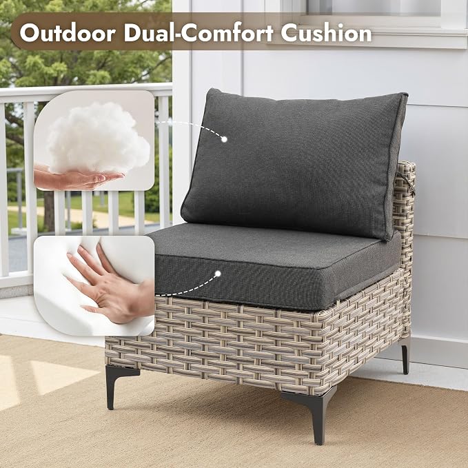 5 Pieces Patio Furniture Set with Solar Light Coffee Table, All-Weather Wicker Outdoor Sectional Conversation Sets L Shaped Sofas for Outside Porch Balcony Backyard Black