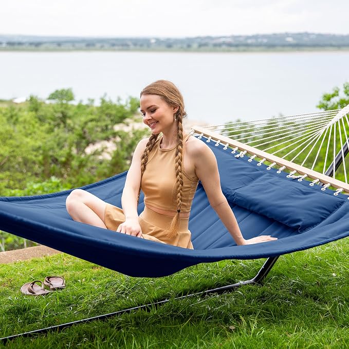 SUNCREAT 2 Person Free Standing Hammock with 15 ft Stand, 475 lbs Capacity, Backyard Hammock with Stand, Navy