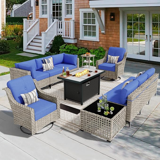 CAODOC 11 Pieces Outdoor Patio Furniture Set, Rattan Wicker Sectional Swivel Rocker Chairs Sets with Fire Pit, Swivel Glider Chairs, and Solar Powered Table