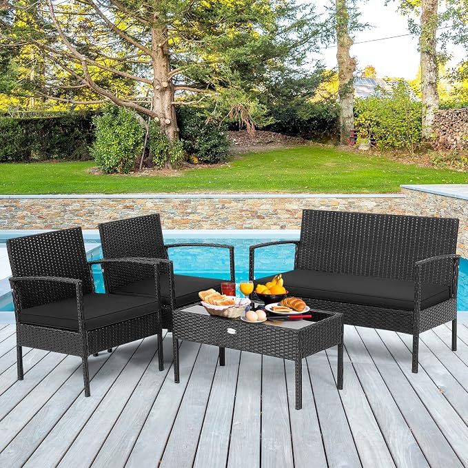 Tangkula 4 Piece Patio Rattan Conversation Set, Outdoor Wicker Furniture Set W/Glass Coffee Table, Solid Steel Structure, Ergonomic Seat, Suitable for Garden, Courtyard, Balcony, Poolside