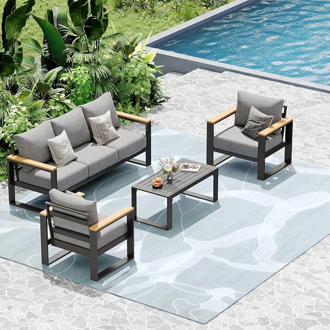Aluminum Patio Furniture Set, 4 Piece Metal Outdoor Furniture Set with 6″ Thick Washable Cushions & Coffee Table, All Weather Patio Conversation Sets for Yard, Poolside, Garden (Grey)