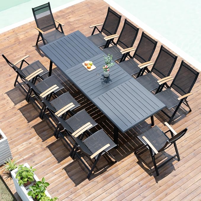 Pellebant 13 Pieces Aluminum Patio Table and Chairs Set - 118" Rectangular Table and Foldable Chair Outdoor Dining Set with Umbrella Hole, Weather Resistant Sturdy Frame for Deck, Porch & Backyard