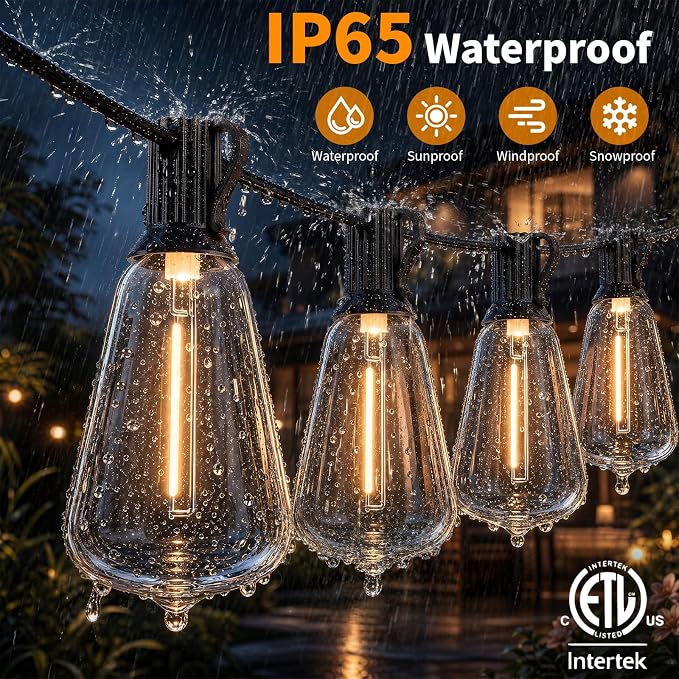 Hotsonic Remote Control Outdoor String Lights Waterproof, 50FT LED Outside Lights with Shatterproof Bulbs, Dimmable Hanging Lights 3 Modes for Patio Porch Garden Pergola Yard House Bistro Party Decors