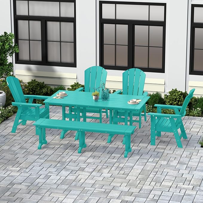 WestinTrends Malibu 6 Piece Adirondack Patio Dining Set with Bench, All Weather Poly Lumber Outdoor Table and Chairs, 71" Trestle Dining Table, 4 Adirondack Chair with Dining Bench, Turquoise