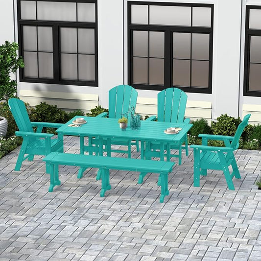 WestinTrends Malibu 6 Piece Adirondack Patio Dining Set with Bench, All Weather Poly Lumber Outdoor Table and Chairs, 71" Trestle Dining Table, 4 Adirondack Chair with Dining Bench, Turquoise