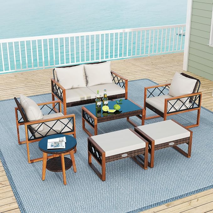 Tangkula 7 Pieces Patio Furniture Conversation Set, Wicker Acacia Wood Outdoor Cushioned Chairs Set with Ottomans, and 2 Tables, for Garden, Deck and Backyard