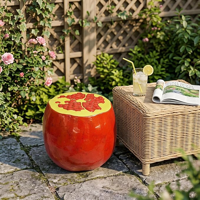 Pomegranate Fruit Stool, Resin Decorative Seat & Side Table, Indoor Outdoor Garden Patio Decor, Weather-Resistant, Multi-Purpose