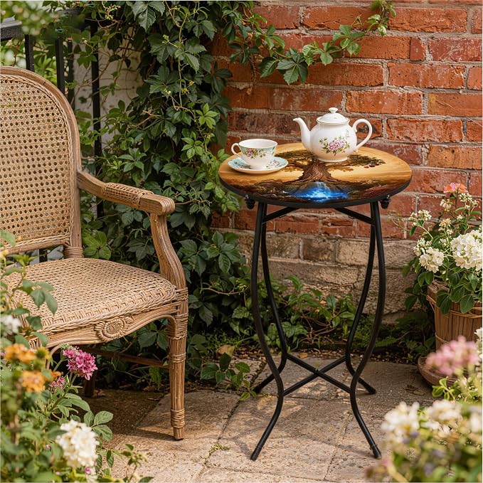 Metal Round Side Table, 21 Inch Tall Indoor Outdoor Side Table, Weather Resistant Patio Table for Porch Yard Balcony, Easy Assembly