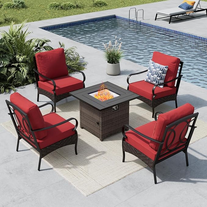 MFSTUDIO 5 Pieces Outdoor Patio Furniture Set, Metal Outdoor Conversation Sofa, Rattan Wicker Patio Sectional Sofa Set with 4 x Fixed Single Sofa, 1 x Fire Pit Table, Red